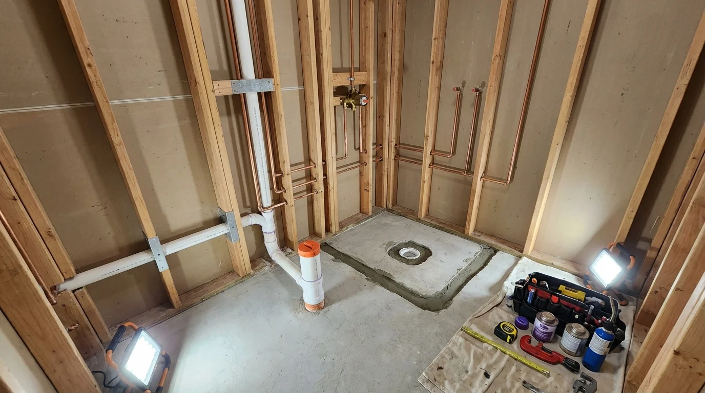 Bathroom rough-in plumbing during remodel by Johns Plumbing LLC in Merrimac