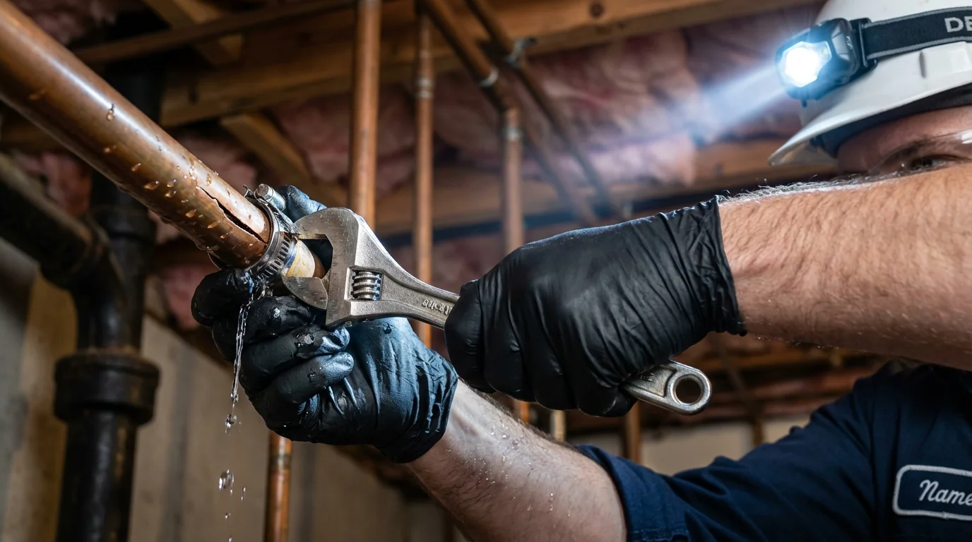 Emergency pipe clamp repair being performed by a Johns Plumbing LLC plumber in Merrimac