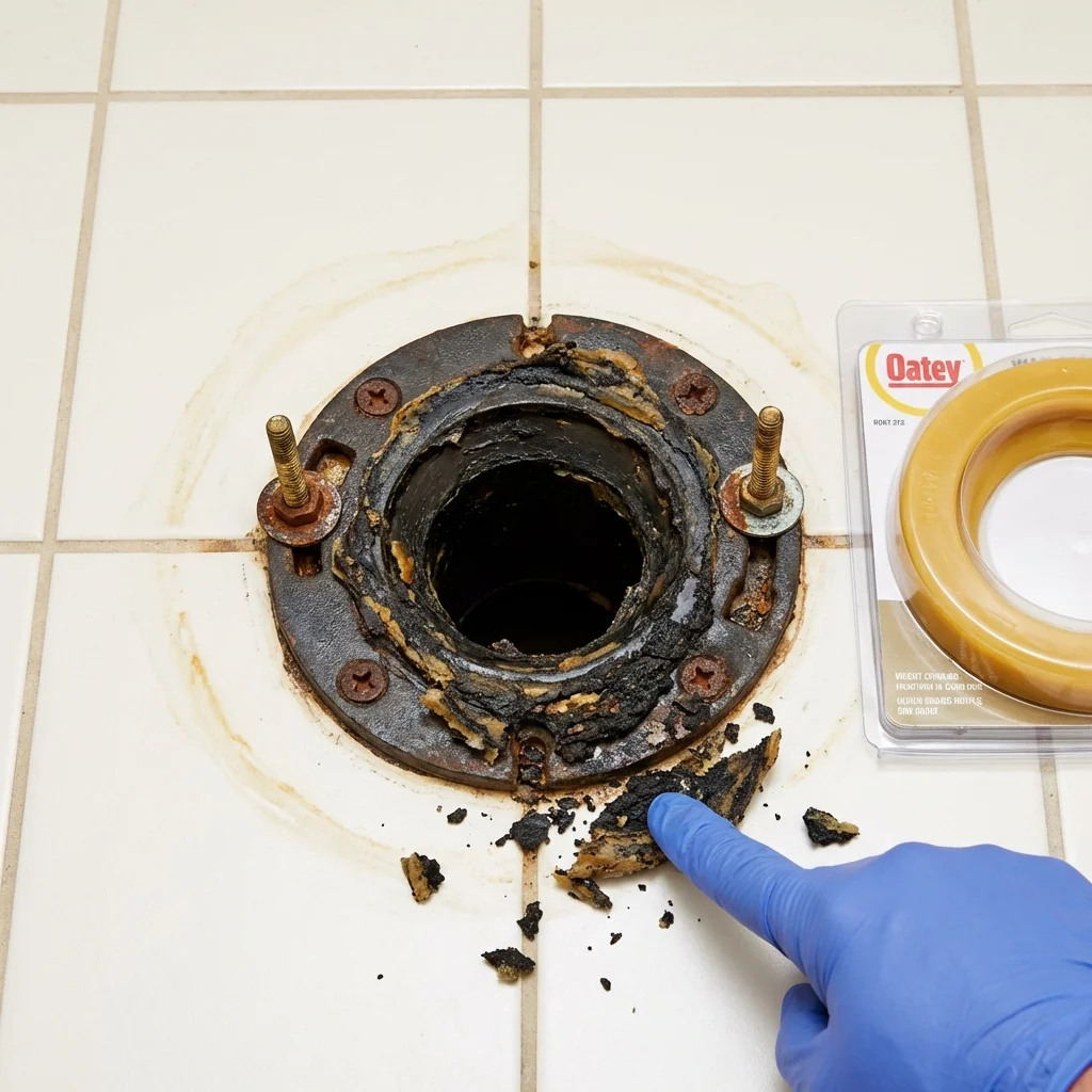 Failed wax ring showing water seepage at the base of a toilet in a Merrimac, MA home