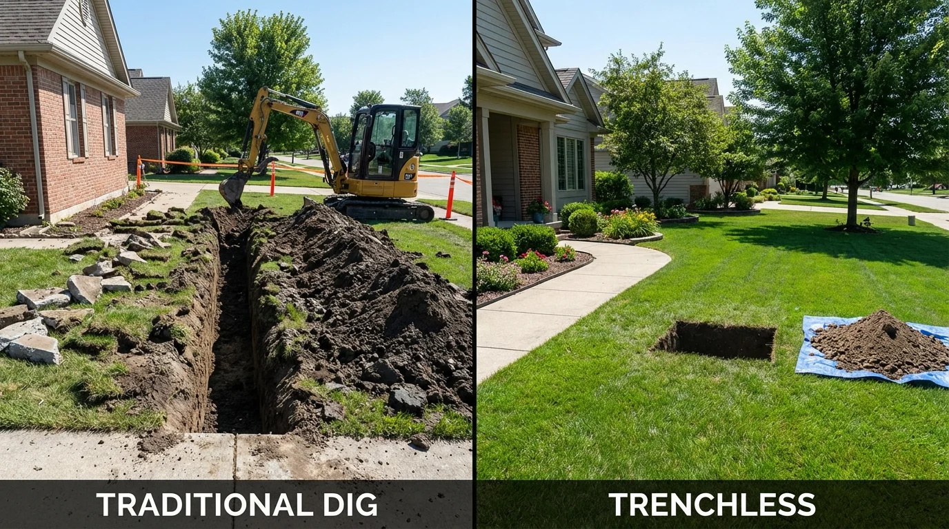 Trenchless sewer repair with minimal yard damage versus traditional excavation in Merrimac, MA