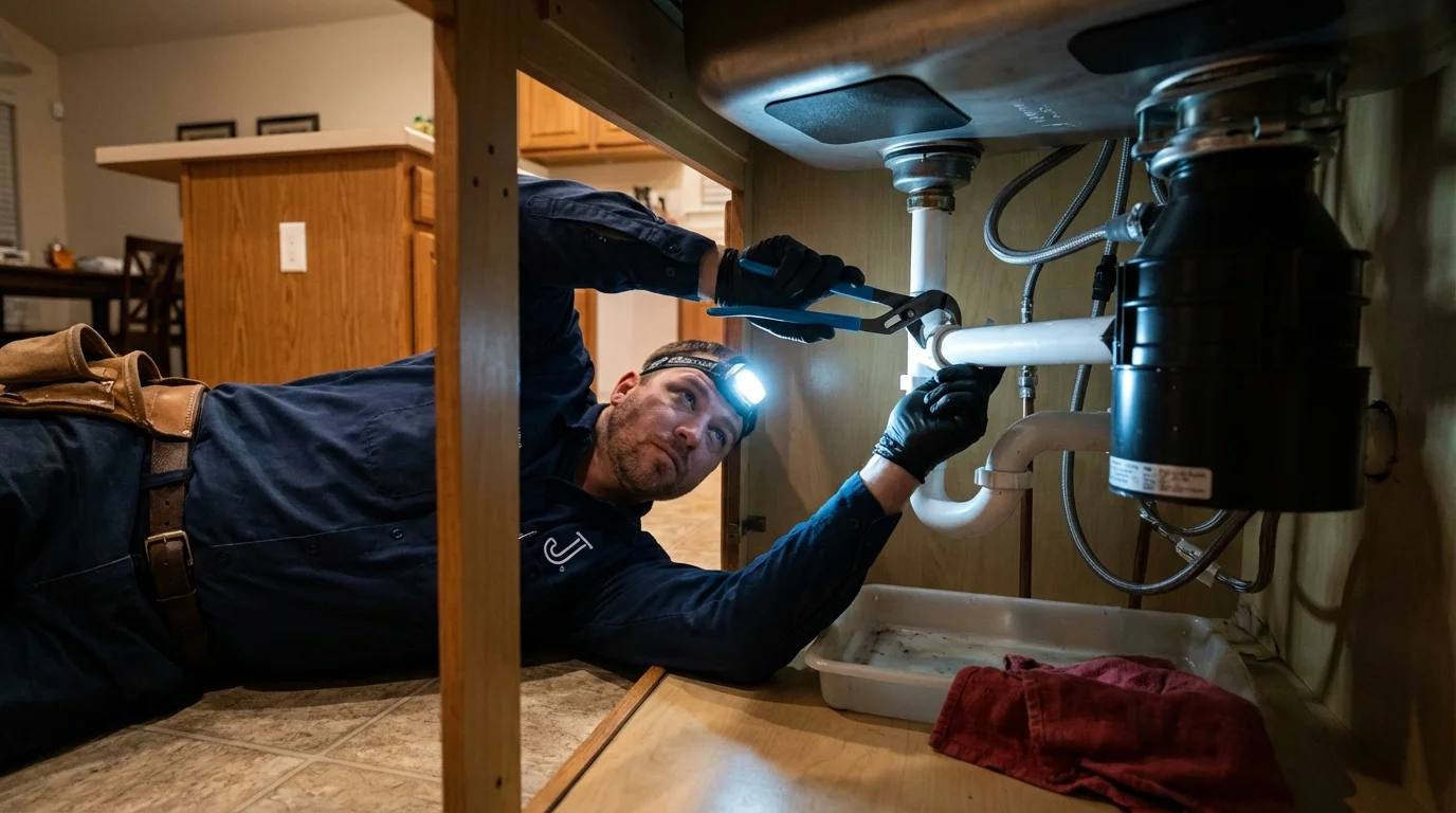 P-trap and supply line connections under a kitchen sink showing a common leak point in Merrimac, MA